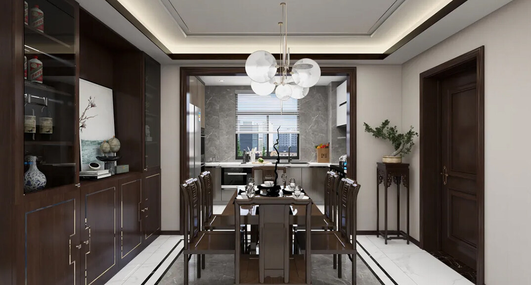 昆泉星港147㎡三室一厅餐厅新中式风格装修案例效果图