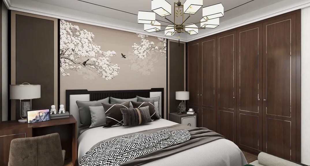 昆泉星港147㎡三室一厅卧室新中式风格装修案例效果图