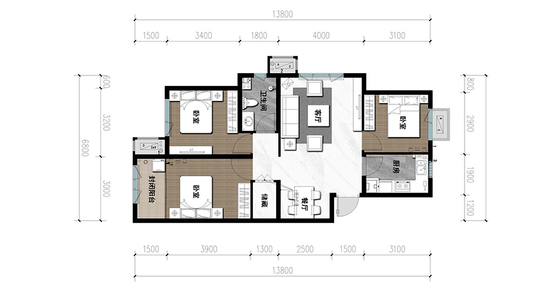 保利时代110㎡三室两厅户型平面布局图.jpg